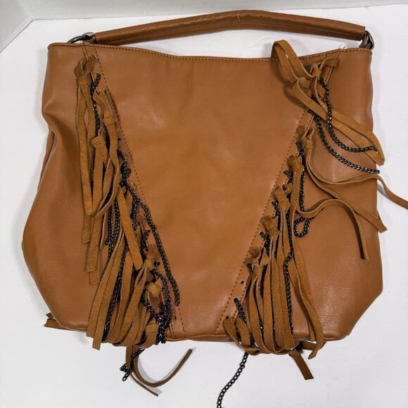 Dolce Vita Fringe & Chain Cognac‎ Brown Hobo Double Handles Bag - Picture 1 of 10